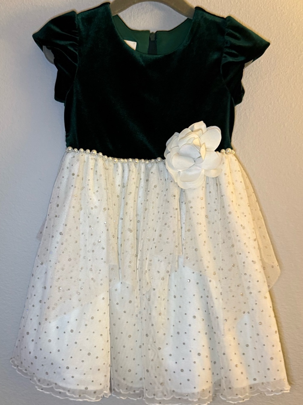 iris & ivy Dark Green Velvet and Ivory Tulle Flower Girl Dress